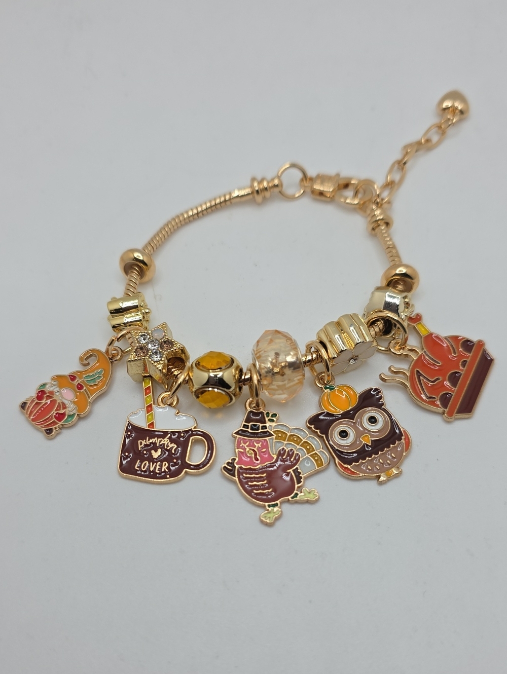 Gold-Tone Autumn Charm Bracelet with Pumpkin & Owl Charms